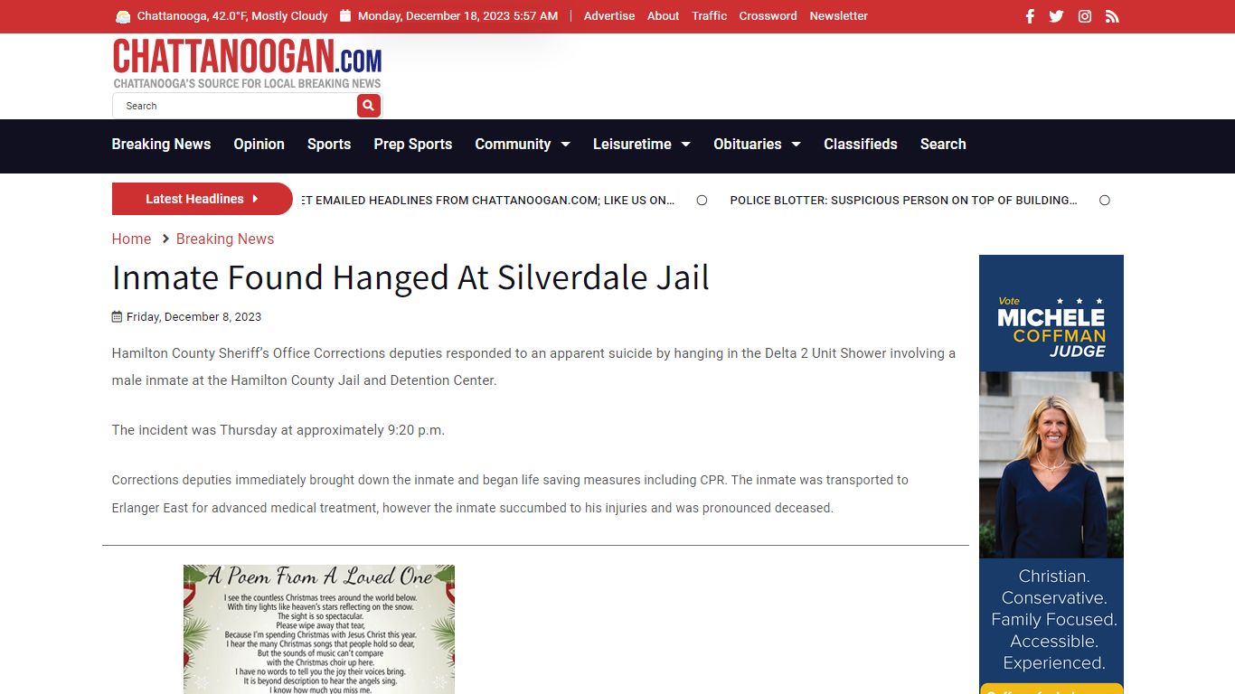 Inmate Found Hanged At Silverdale Jail - Chattanoogan.com